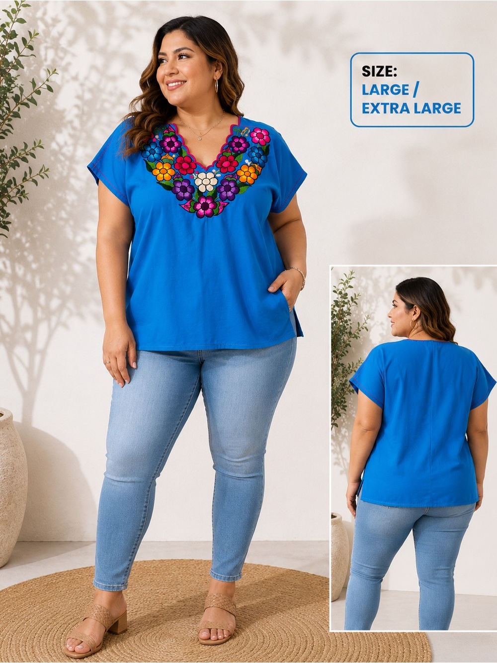 MEXICANA Bright Blue Floral-Embroidered V-Neck Tunic